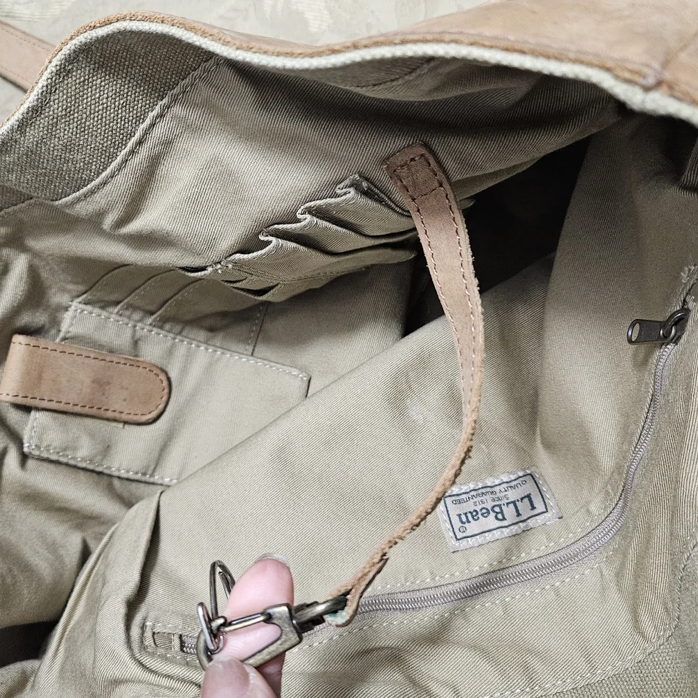 L.L. Bean Vintage Tan Beige Leather  Canvas Travel Tote Bag Classic Preppy Purse - Picture 13 of 13